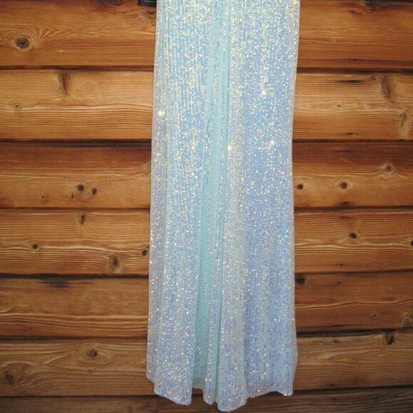 Mac Duggal 26942  Womens SEQUINED HIGH NECK FLUTTER SLEEVE GOWN Dress Blue - Picture 10 of 16